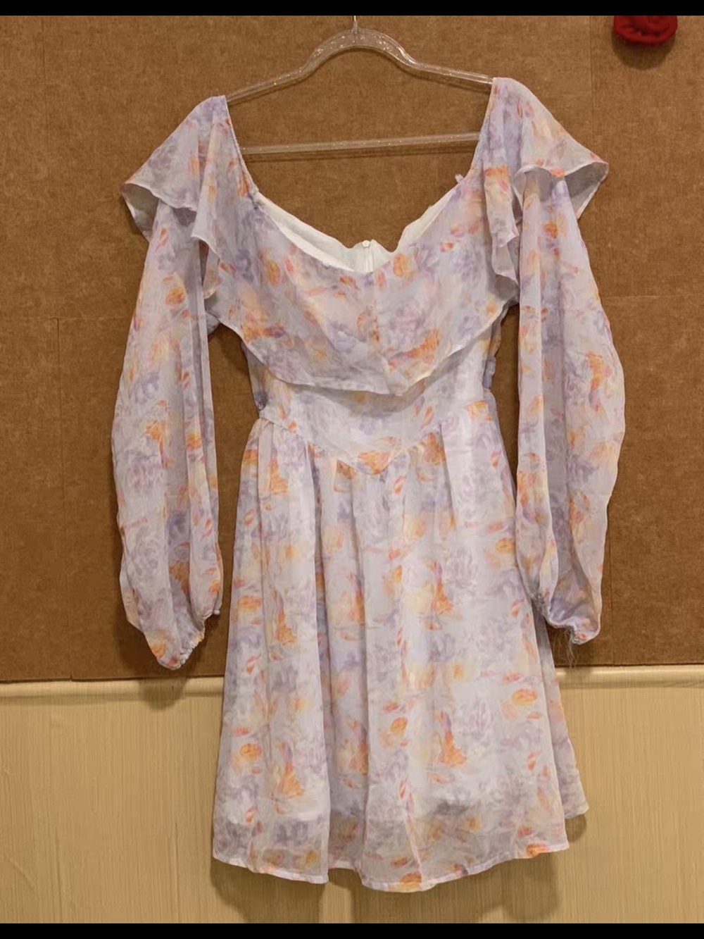 Floral Off-Shoulder Ruffle Mini Dress in Lavender and Peach